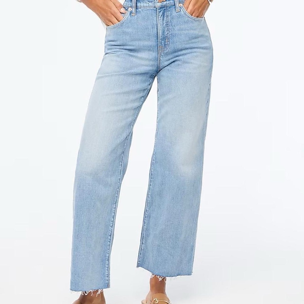 JCrew Factory Mid Wash Wide-leg cropped jeans.